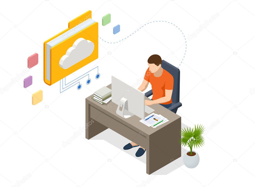 Isometric Cloud Technology. Man Working From Home. Global Outsourcing, People Using Cloud System in Distant Work and Data Storage. Clouds connected documents.