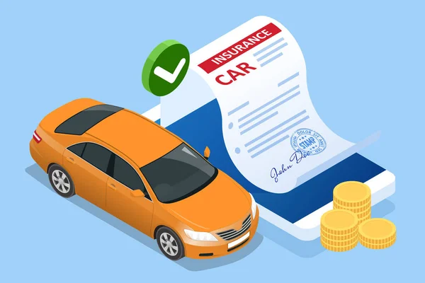 Insurance policy. Isometric Car Insurance services. Auto insurance policy with cash and key fob. Protection from danger, providing security. — Stock Vector