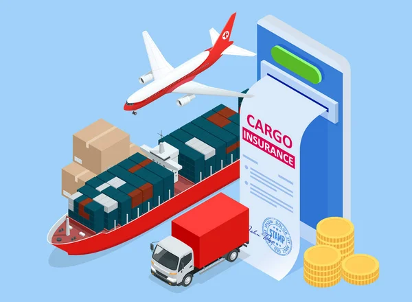 Isometric insurance policy concept. Air cargo trucking transportation maritime shipping. On-time delivery. Vehicles designed to carry large numbers cargo Protection from danger, providing security. — Stock Vector