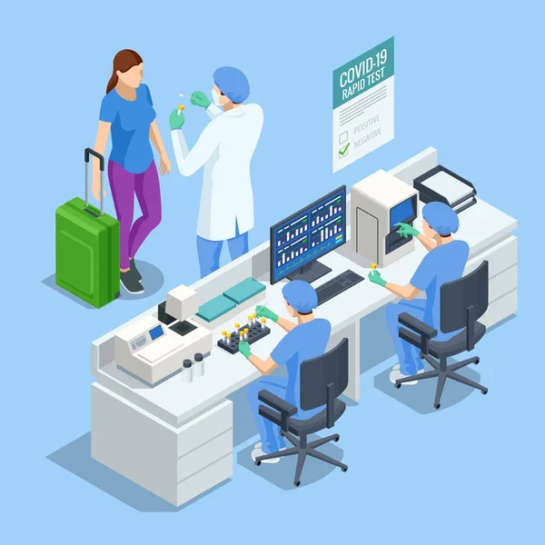 Isometric traveling during pandemic of COVID-19 essentials. Traveller with negative PCR test for coronavirus. Travel to new requirements. International travel preventive measures — Stock Vector