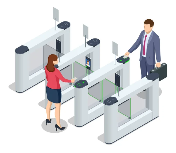 Turnstile isométrico. Equipamento de controle de acesso. catracas de acesso de cartão magnético. Torniquete electrónico. Ponto de controlo automático. Segurança dos edifícios — Vetor de Stock