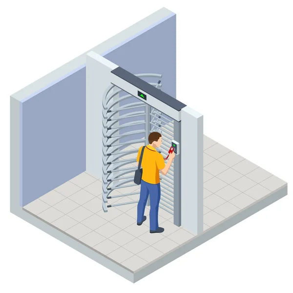 Isometric Full height turnstile security system. Security gates. Access control equipment. Magnetic card access turnstiles. Electronic turnstile. Automatic checkpoint. Building security — Stock Vector