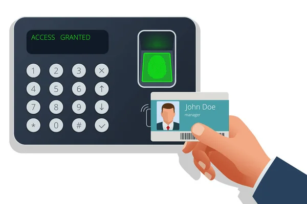 Vingerafdruk scan voor het invoeren van beveiligingssysteem, biometrische toegangscontrole. Digitale touch scan identificatie of elektronische sensor authenticatie. — Stockvector