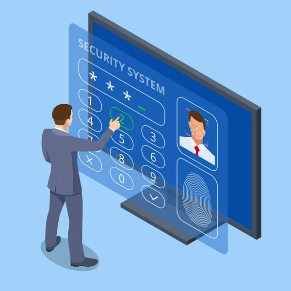 Concepto de sistema de reconocimiento facial isométrico. Análisis de huellas dactilares para entrar en el sistema de seguridad, control de acceso biométrico. Identificación digital del escaneo táctil o autenticación electrónica del sensor. — Archivo Imágenes Vectoriales