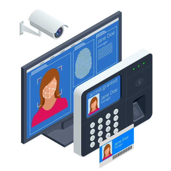 Concepto de sistema de reconocimiento facial isométrico. Análisis de huellas dactilares para entrar en el sistema de seguridad, control de acceso biométrico. Identificación digital del escaneo táctil o autenticación electrónica del sensor. — Vector de stock