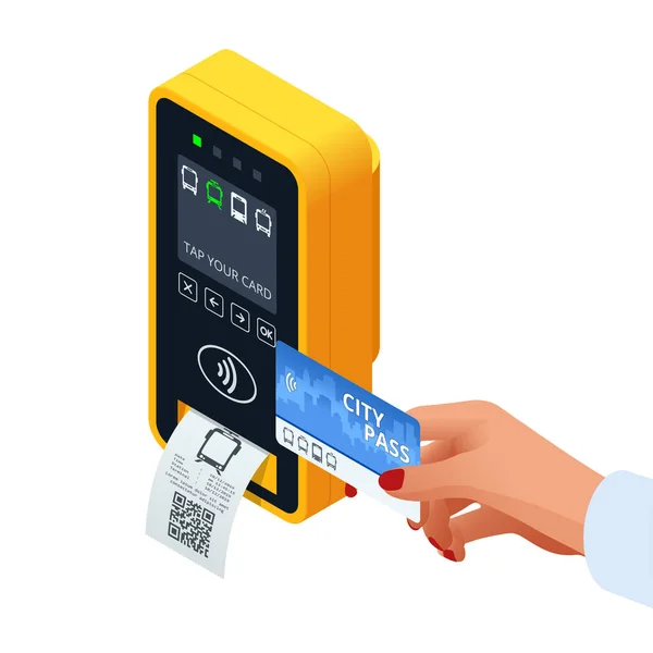 Isometric tangan menggunakan kertas pintar tiket kartu untuk membayar uang untuk transportasi di kios pembayaran berdiri. Kertas E-tiket untuk wisatawan. Validator kuning - Stok Vektor