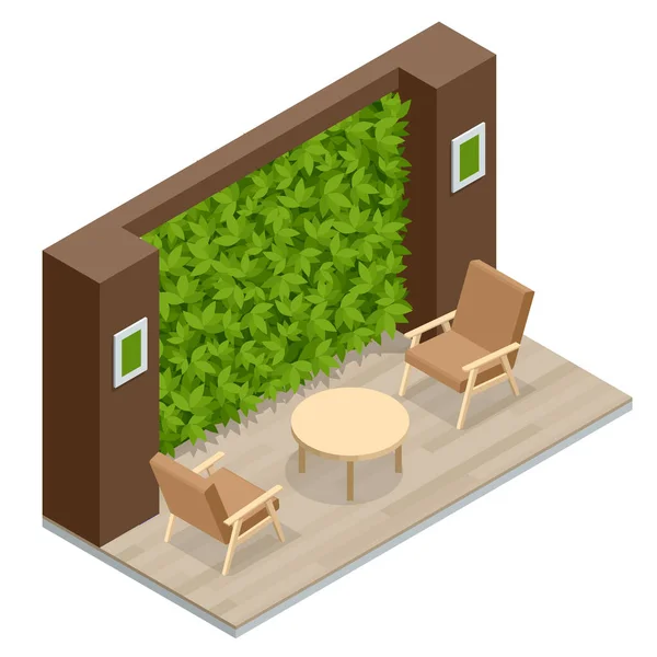 Isometric Green Wall in Office. Comfortable Sofas and Green Plants. Rest Area at the Front Desk of the Modern Office. — Wektor stockowy