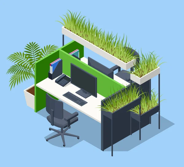 Ισομετρικός πράσινος τοίχος στο γραφείο. Σύγχρονη eco γραφείο δωμάτιο με υπολογιστές και πράσινο γρασίδι — Διανυσματικό Αρχείο