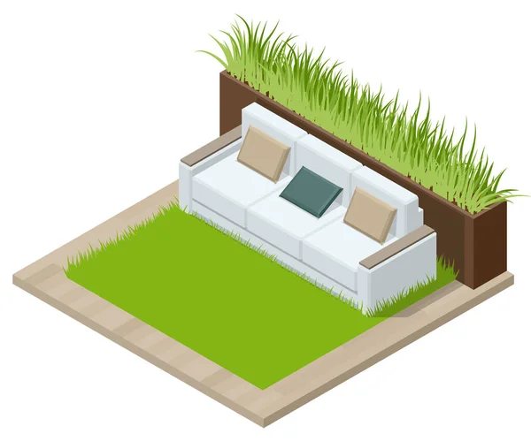 Izometrikus Zöld Fal az irodában. Kényelmes kanapék és zöld növények. Pihenőhely a Modern Iroda recepcióján. — Stock Vector