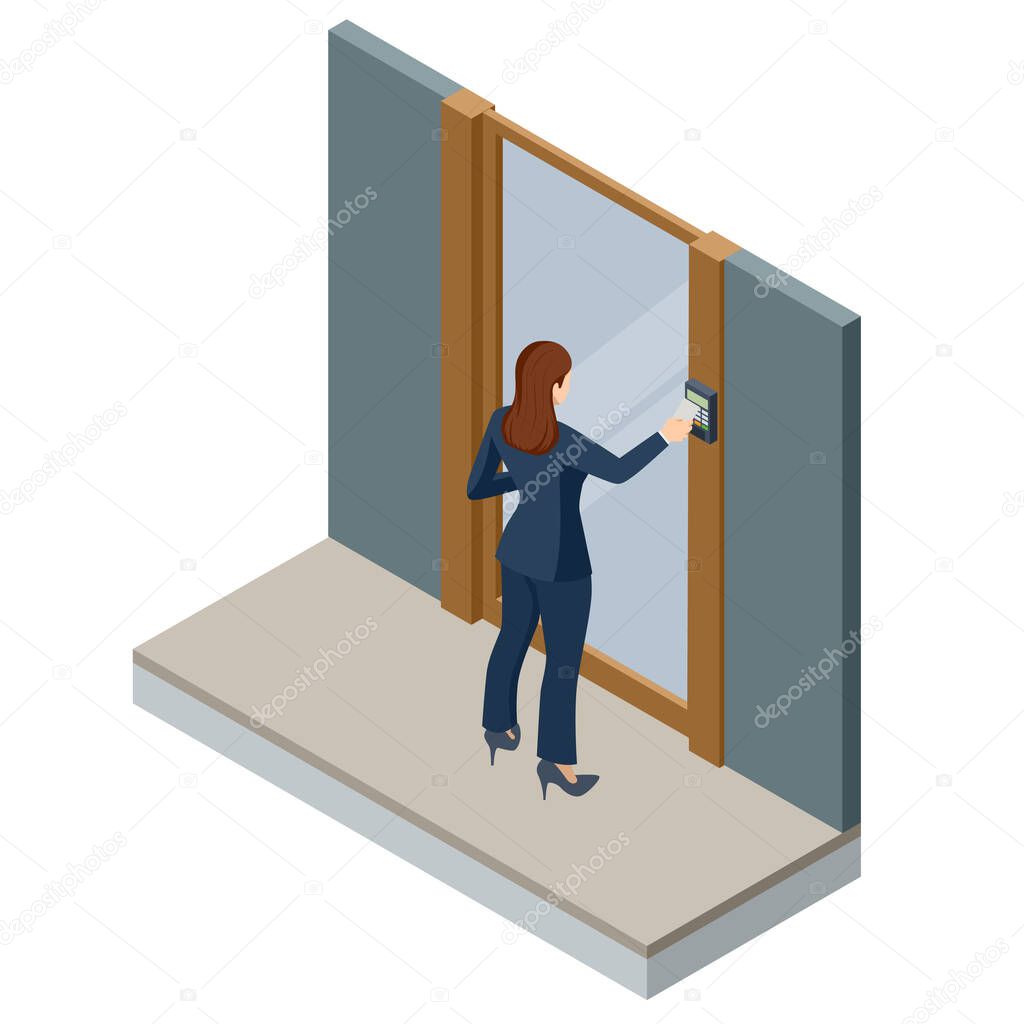 Wireless door lock vector icon, smart lock system. Isometric woman holding a key card to lock and unlock door.