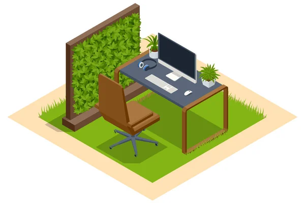 Isometric Green Wall in Office. Isometric Green Wall in Office. Contemporary eco office room with computers and green grass — Stock Vector