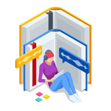 Isometric Audiobooks online konsepti. Ses formatında e-kitap dinleyen kadın. İnternette kitaplar. Çevrimiçi eğitim afişi. Audiobook dinleyen kulaklıklı bir adam.