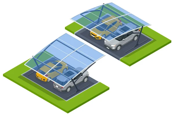 Isometrische straat dak van parkeerplaats buiten. Buiten parkeergarage met auto en lege parkeerplaats in het parkeergebouw — Stockvector