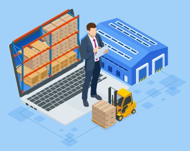 Isome Smart depo yönetim sistemi. Otomatik lojistik yönetimi kavramı. Paketler yüksek teknoloji ile taşınıyor, çevrimiçi alışveriş.