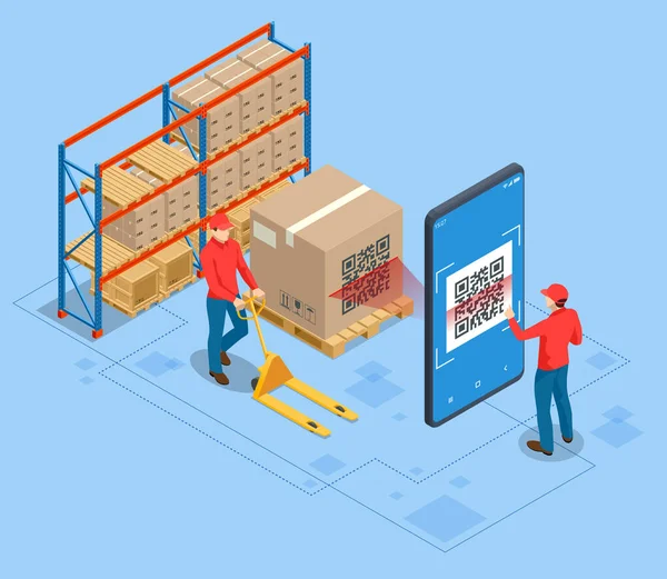 Isometric Smart warehouse management system. Concept of automatic logistics management. Packages are transported in high-tech Settings, Online shopping — Διανυσματικό Αρχείο