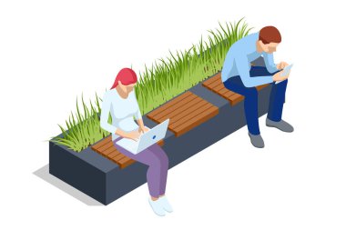 Beyaz üzerinde izole edilmiş web tasarımı için Isometric eko modern sokak vektörü. Şehir parkında çiçek tarhlı modern bir bank. Şehir gelişimi, şehir planlaması, kamusal alanlar.