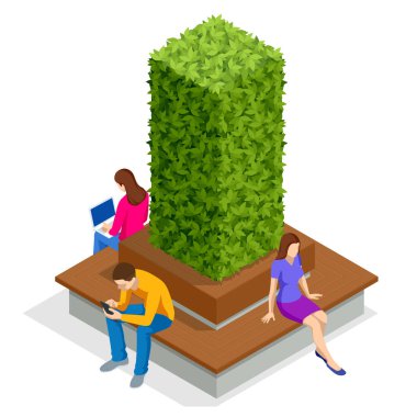 Beyaz üzerinde izole edilmiş web tasarımı için Isometric eko modern sokak vektörü. Şehir parkında çiçek tarhlı modern bir bank. Şehir gelişimi, şehir planlaması, kamusal alanlar.