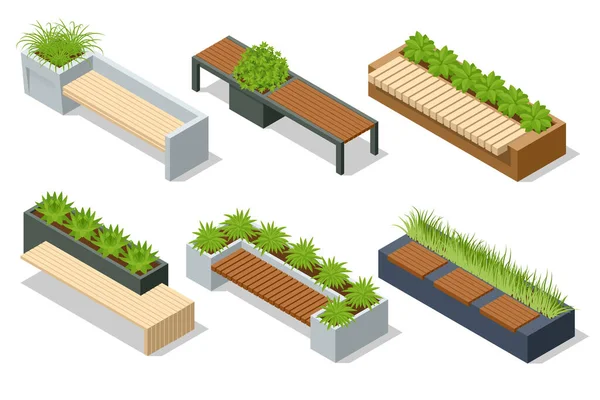 Isometric icons set of eco modern street bench vector for web design isolated on white. A modern bench with a flower bed in a city park. City improvement, urban planning, public spaces. — 스톡 벡터