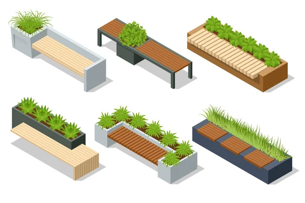 Iconos isométricos conjunto de eco moderno vector banco de la calle para el diseño web aislado en blanco. Un banco moderno con una cama de flores en un parque de la ciudad. Mejora de la ciudad, planificación urbana, espacios públicos. — Vector de stock