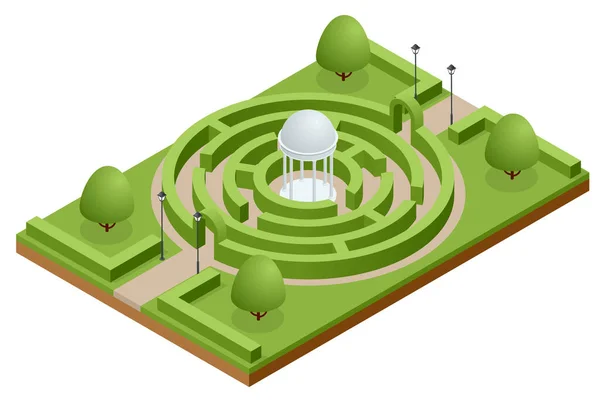 Botanik parkındaki Isometric Labirentleri. Yeşil Çit Labirenti veya Labirent. — Stok Vektör