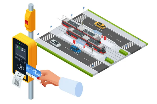 Validação de bilhete de cartão isométrico varredura de exibição de eléctrico de eléctrico validador de bilhetes. Mulher pagando sem contato com smartphone para transporte público no bonde — Vetor de Stock