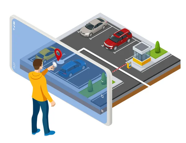 Isometrischer Parkplatz auf dem Bildschirm angezeigt. Parkplatzsuche per Smartphone. Smartphone-Anwendung zur Online-Suche nach kostenlosen Parkplätzen auf der Karte. GPS-Navigation. — Stockvektor
