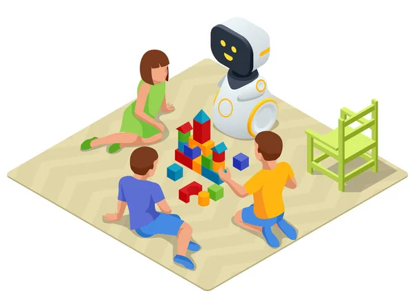 Isométrico robô Baby Sitter jogando cubos com crianças. Babá robô e crianças brincando de brinquedos educativos no jardim de infância ou quarto de crianças —  Vetores de Stock