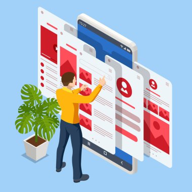 Isometric SEO Analiz Ekibi konsepti. Web sitesi geliştirme. İçerik yaratma uzmanı ve makale yazarları. Yazma servisi, bilişim uzmanları, arama motoru optimizasyon analizi