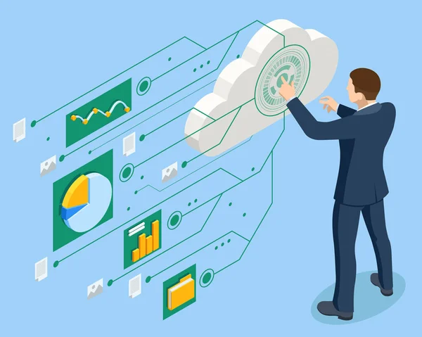 Análisis de negocio isométrico, Internet de las cosas IoT, red en la nube, investigación, estadística de estrategia, planificación. Sistema de gestión de documentos. Software para archivar, buscar y administrar archivos corporativos. — Archivo Imágenes Vectoriales