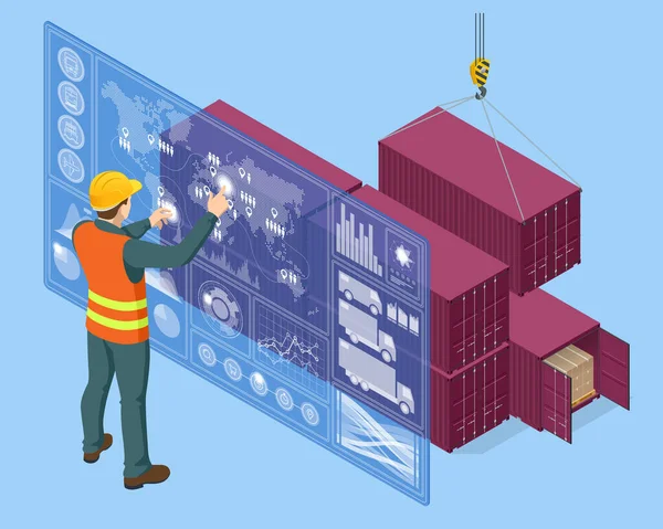 Isometric Global concept de réseau logistique. Panneau interactif pour le suivi du fret en ligne. Transport maritime, aérien logistique, concept de stockage d'entrepôt, exportation ou importation — Image vectorielle