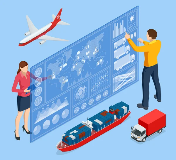 Isometric Global logistics network concept. Interactive panel for tracking cargo online. Maritime, air shipping transport logistic, warehouse storage concept, export or import — Wektor stockowy