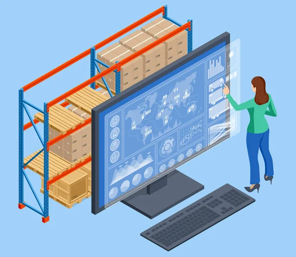 Isometrisches globales Logistik-Netzwerk-Konzept. Interaktives Panel zur Online-Verfolgung von Fracht. See-, Luftfrachtlogistik, Lagerhaltungskonzept, Export oder Import — Stockvektor