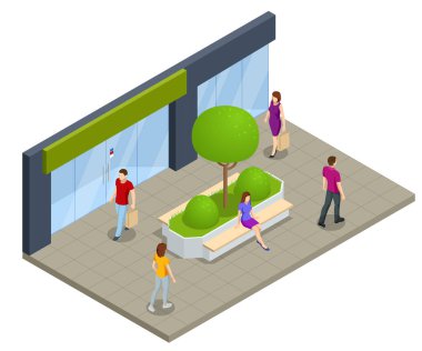 Beyaz üzerinde izole edilmiş web tasarımı için Isometric eko modern sokak vektörü. Şehir parkında çiçek tarhlı modern bir bank. Şehir gelişimi, şehir planlaması, kamusal alanlar.