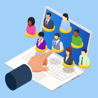Isometric Sosyal Ağ Web Sitesi Sörf Kavramı. Dünya Çevresindeki Küresel İletişim, Uzaktan Çalışma.