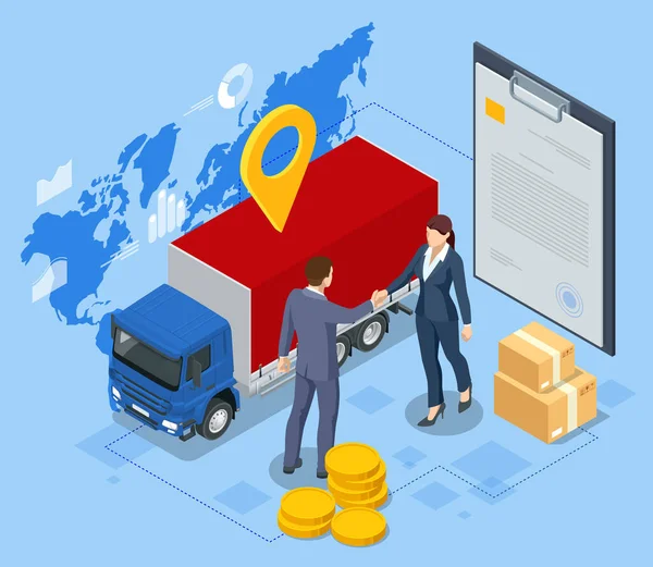 Isometric Export and Import Business. Businessmen handshake at industrial container terminal. Global logistics network trucks transportation maritime shipping On-time delivery Vehicles — Stockvector
