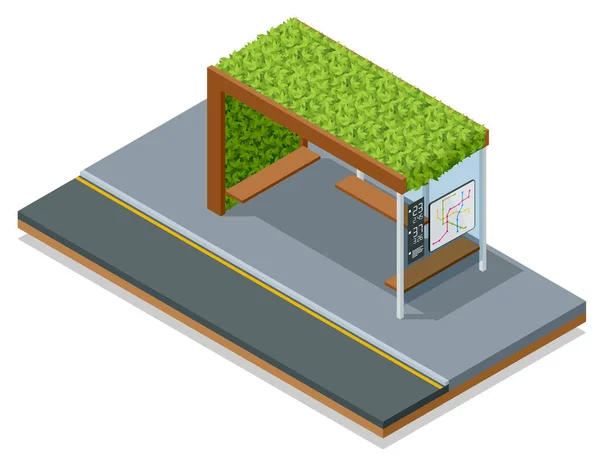 Isometric modern bus stop with lawns on the roof in the city eco park, roofs are covered with green grass. — Stock Vector