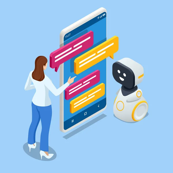 Isometric artificial intelligence. Chat bot and future marketing. AI and business IOT concept. Mans and women chatting with chatbot application. Dialog help service. — Wektor stockowy