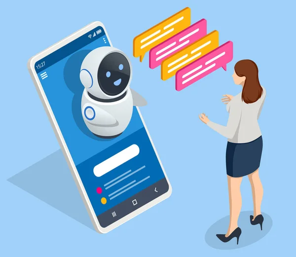 Isometric artificial intelligence. Chat bot and future marketing. AI and business IOT concept. Mans and women chatting with chatbot application. Dialog help service. — Stockvector