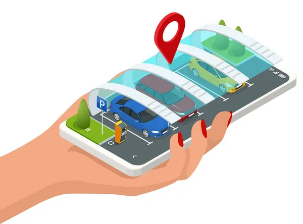 Isometrischer Parkplatz auf dem Bildschirm angezeigt. Parkplatzsuche per Smartphone. Smartphone-Anwendung zur Online-Suche nach kostenlosen Parkplätzen auf der Karte. GPS-Navigation. — Stockvektor