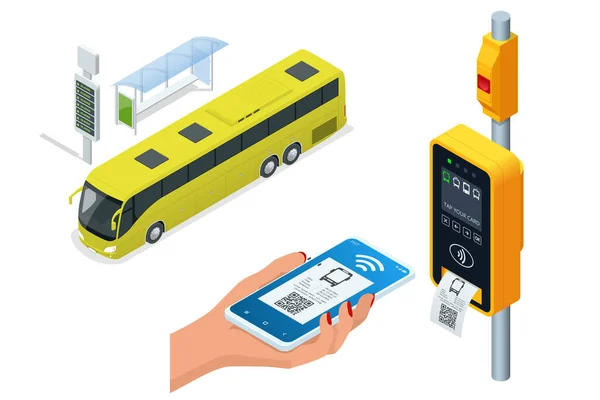 Isometric electronic validator of public transport fare. Contactless wireless payment via mobile phone. Bus ticket validator. Woman paying contactless with smartphone for public transport in the bus — Stock Vector