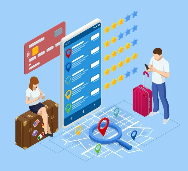 Isometric tourists choosing hotel and booking room online. Hotel search, booking online, apartment reservation. — Stockvector