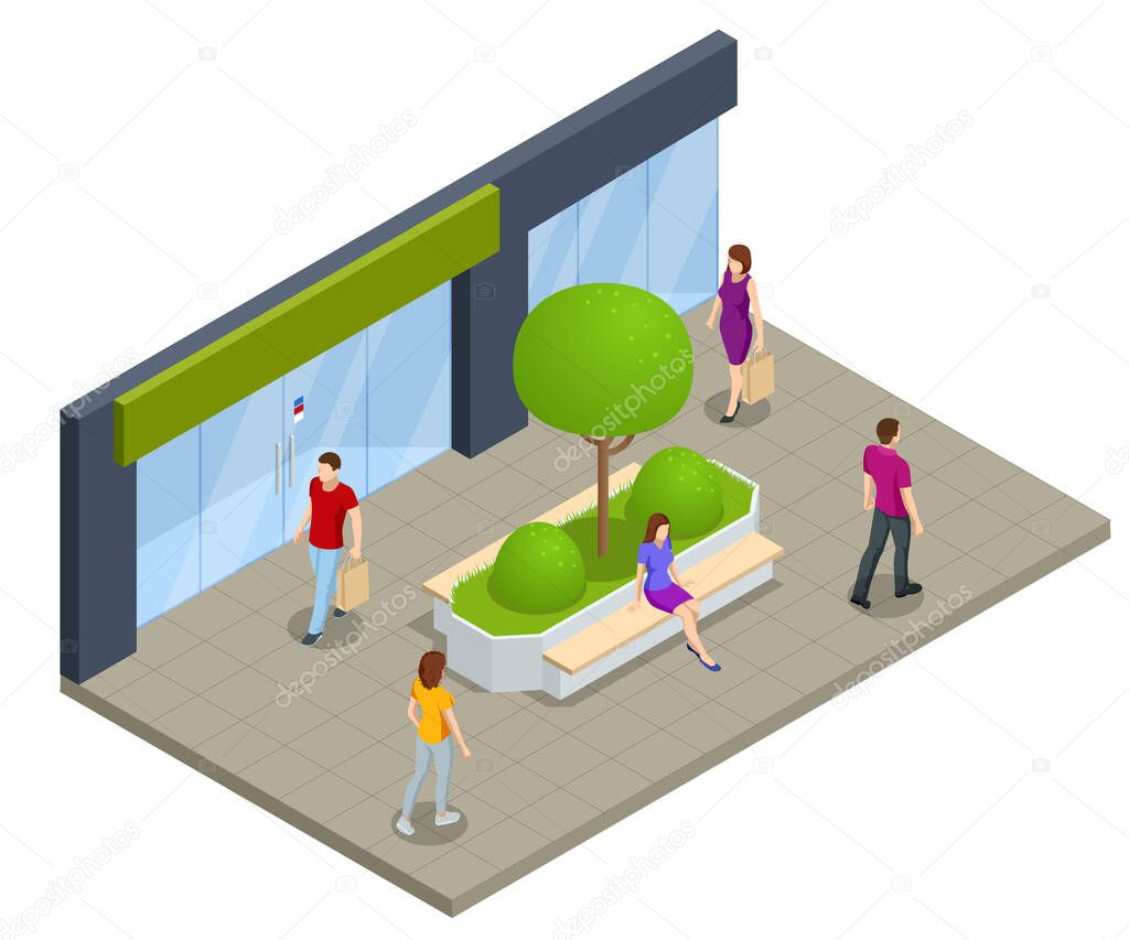 Isometric eco modern street bench vector for web design isolated on white. A modern bench with a flower bed in a city park. City improvement, urban planning, public spaces.