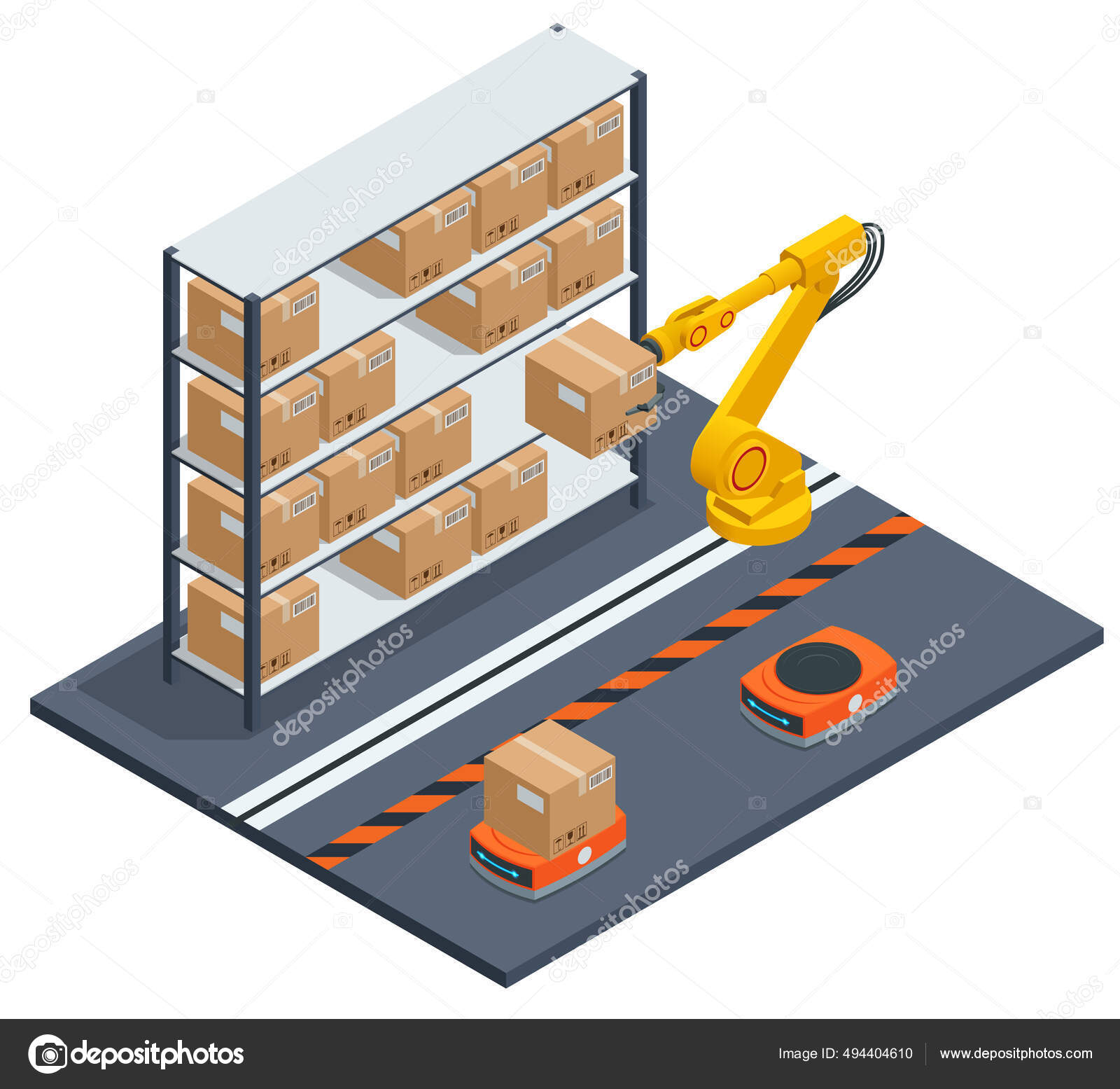 Isometric yellow robotic arm carry cardboard box in warehouse