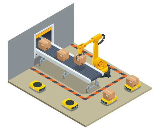 Isometrische gelbe Roboterarme tragen Pappkartons im Lager. Automatisiertes Lager. Autonomer Robotertransport in Lagerhallen — Stockvektor