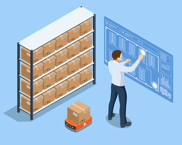 Isometric automated warehouse robots. Modern logistics center. Automated warehouse. Autonomous robot transportation in warehouses — Wektor stockowy