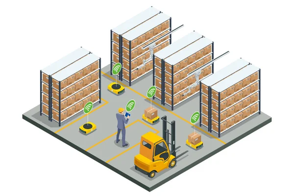 Robots d'entrepôt automatisés isométriques. Centre logistique moderne. Entrepôt automatisé. Transport autonome de robots dans des entrepôts — Image vectorielle