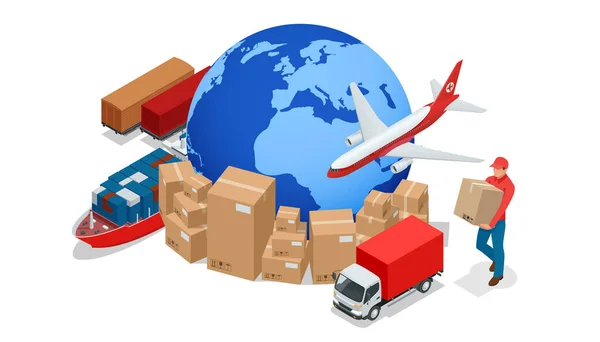 Isometric Global Logistics Network. Air cargo trucking rail transportation maritime shipping On-time delivery Vehicles designed to carry large numbers of cargo — Stock Vector