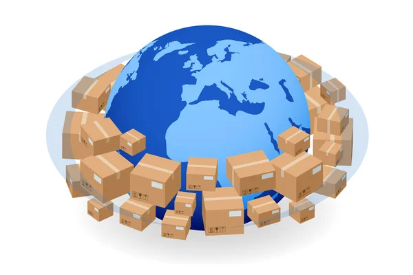 Isométrica Global Logistics Network. Transporte ferroviário de carga aérea transporte marítimo Entrega atempada Veículos concebidos para transportar um grande número de carga — Vetor de Stock