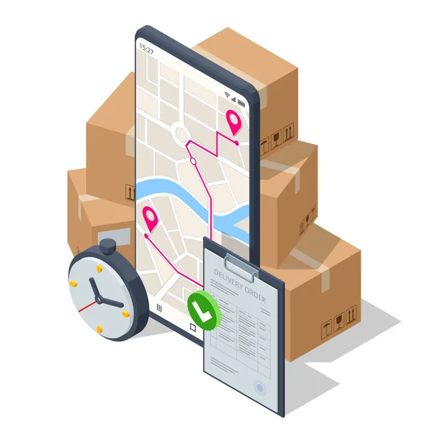 Konsep Isometric Logistics and Delivery. Pengiriman rumah dan kantor. Log Masuk Kota. - Stok Vektor