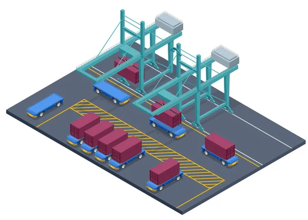 Izometrikus automatizált szállítójármű konténer rakomány betöltése. Konténerhajó berakodás és kirakodás a tengeri kikötőben. Üzleti logisztikai import és export áruszállítás konténerhajóval — Stock Vector
